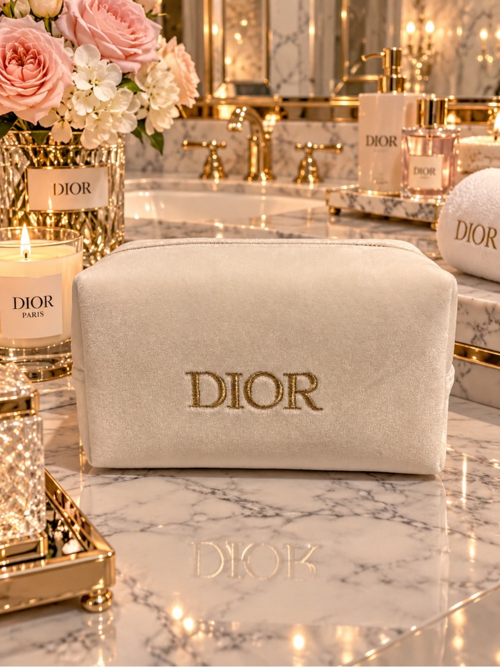 Dior Cream Velvet Cosmetic Pouch with Gold Embroidered Logo